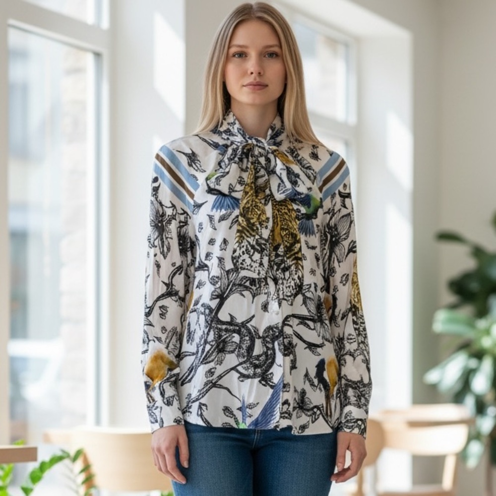 Chic Silk Women's Blouse with Nature-Inspired Print